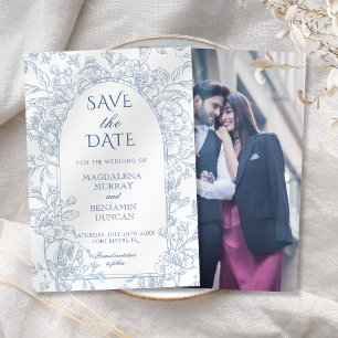 Save The Date Elégante Florale Victorienne Toile Bleue Française