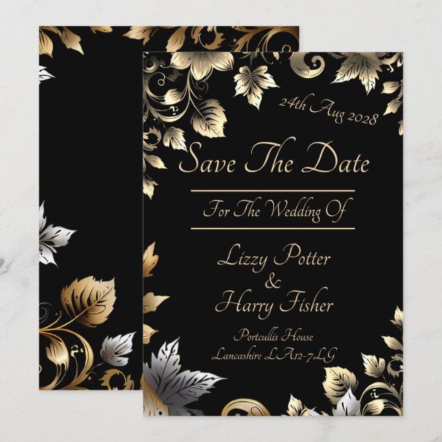Save The Date Élégante gamme florale noire et or (Devant / Derrière)