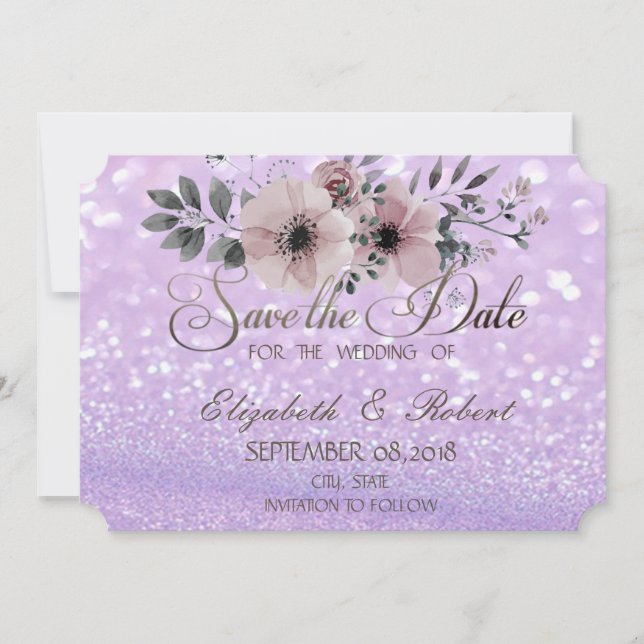 Save The Date Élégante Glitterie Bokeh Floral Enregistrer La Dat (Devant)