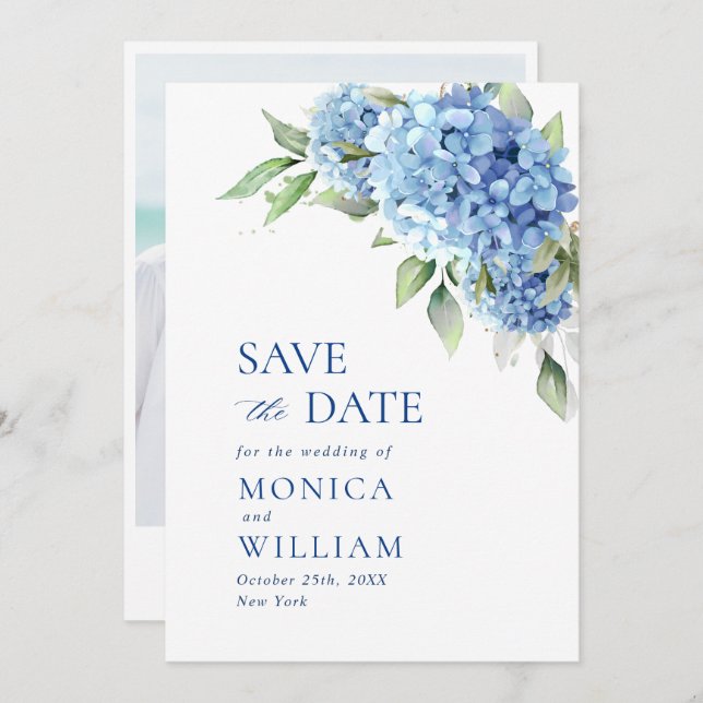 Save The Date Élégante Hydrangée Bleue Florale Mariage Photo (Devant / Derrière)