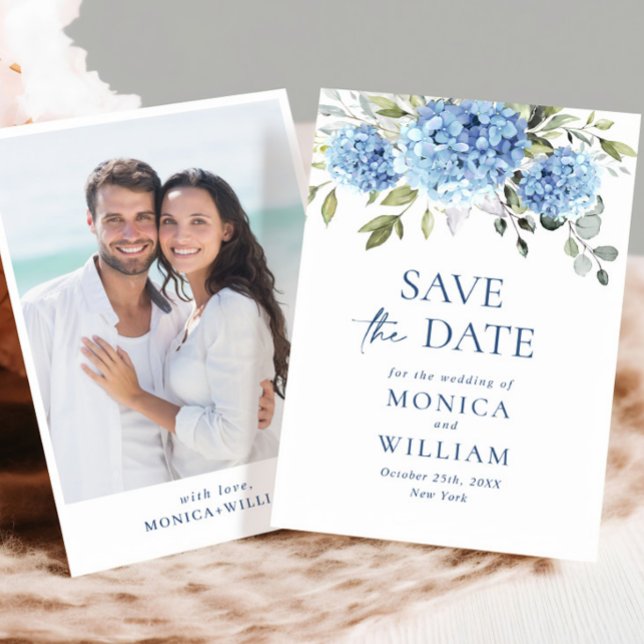 Save The Date Élégante Hydrangée Bleue Florale Mariage Photo (Créateur téléchargé)