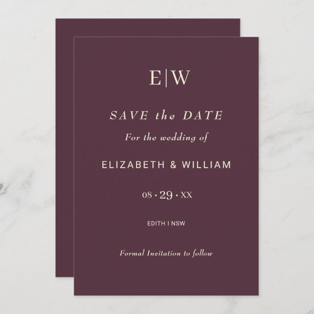 Save The Date Elégante laque simple cerise, Mariage Monogramme (Devant / Derrière)