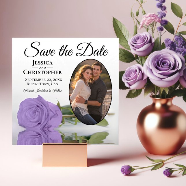 Save The Date Élégante Lavande violet Rose et Mariage photo oval (Créateur téléchargé)