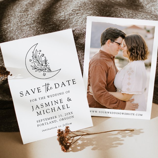 Save The Date Élégante Lune botanique et étoiles Photo (Créateur téléchargé)