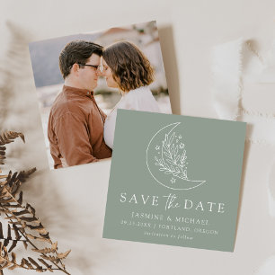 Save The Date Élégante Lune botanique et Stars Sage Green