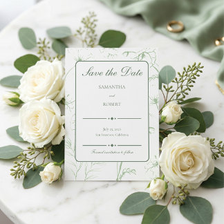 Save The Date Élégante Mariage Art Linéaire Floral Vert Sauge