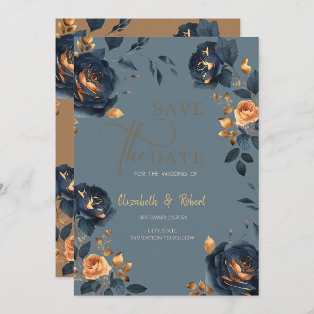 Save The Date Elégante Marine Blue Gold Flowers Enregistrer La D (Devant / Derrière)