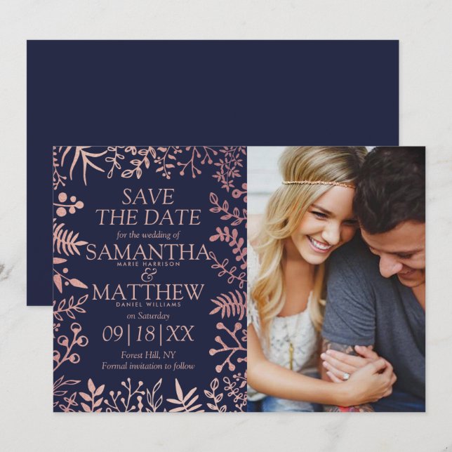 Save The Date Elégante Marine & Rose Gold Floral Mariage Photo (Devant / Derrière)