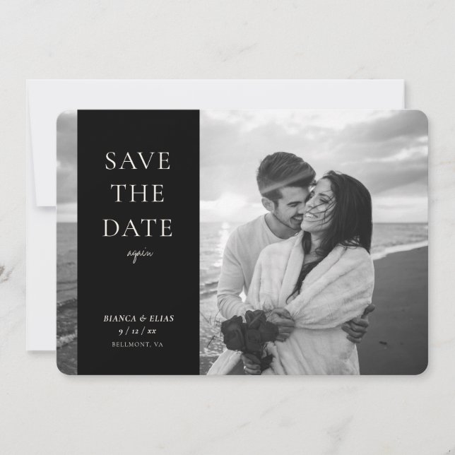 Save The Date Elégante Nouvelle Date Moderne Script Photo Noir B (Devant)