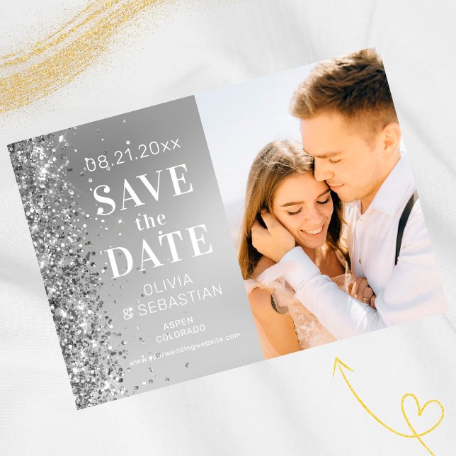 Save The Date Elégante Parties scintillant Argent Photo Mariage  (Créateur téléchargé)