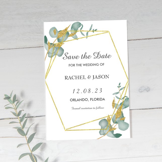 Save The Date Elégante Parties scintillant d'or Eucalyptus Verdu (Elegant Eucalyptus and Gold Glitter Save the Date Wedding Announcement  )