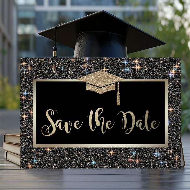 Save The Date Élégante Parties scintillant Noire Graduation Enre (Créateur téléchargé)