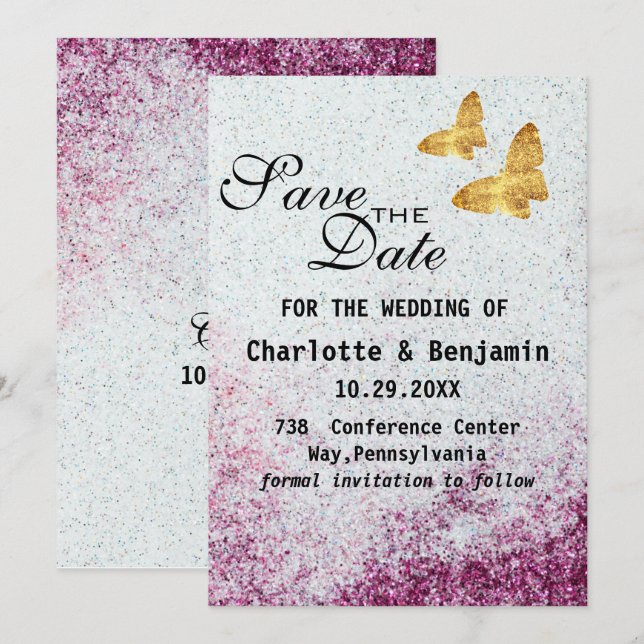 Save The Date Elégante Parties scintillant violette et papillon  (Devant / Derrière)