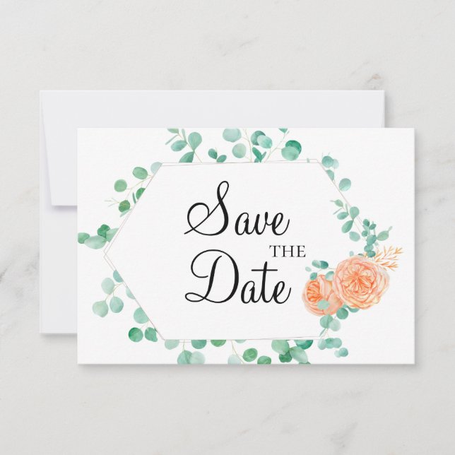 Save The Date Elégante Pêche verte Eucalyptus Florale (Devant)