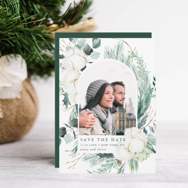 Save The Date Elégante photo À feuillage persistant et Fleurs de (Créateur téléchargé)