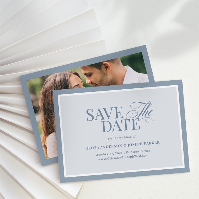 Save The Date Élégante Photo Bleu Poussiéreux | Luxe Classique (Créateur téléchargé)