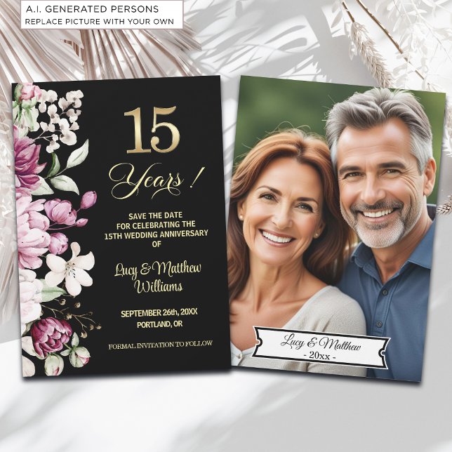 Save The Date Élégante Photo d'anniversaire de mariage de 15 ans (Créateur téléchargé)