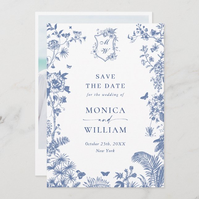 Save The Date Élégante Photo de Mariage Florale de Jardin França (Devant / Derrière)