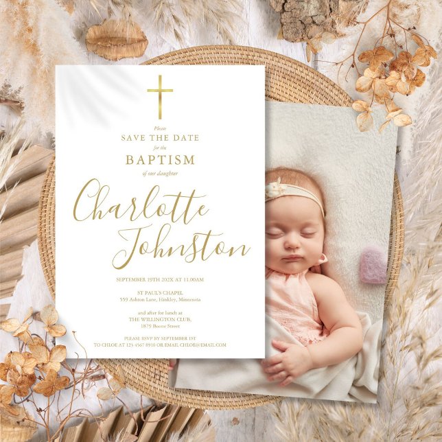 Save The Date Élégante Photo de Signature de Baptême en Or (Elegant Baptism Christening Gold Signature Photo Save The Date)