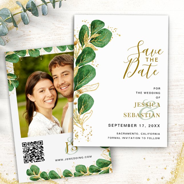 Save The Date Elégante photo Emerald Green Eucalyptus (Créateur téléchargé)