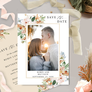 Save The Date Elégante photo Fleurs de terre et Mariage beige