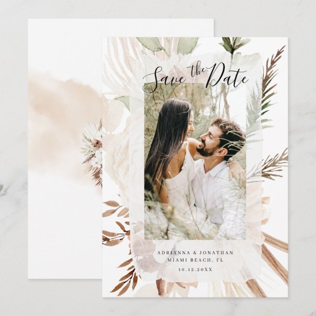 Save The Date Élégante Photo Florale Boho Pampas (Devant / Derrière)