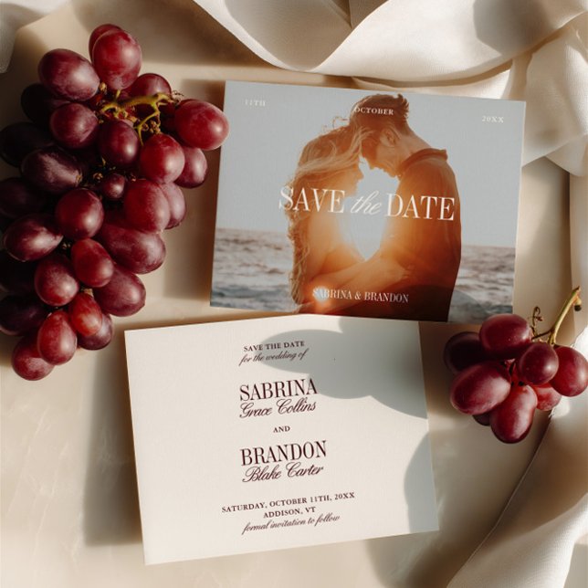 Save The Date Élégante photo ivoire & Bourgogne Enregistrer la c (Elegant Photo Ivory & Burgundy Save the Date Card)