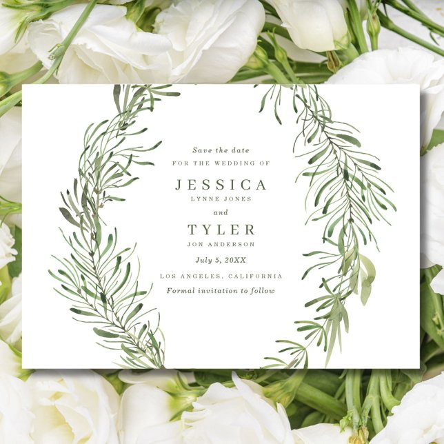 Save The Date Élégante Photo Mariage de Verdure Botanique (Botanical Greenery Elegant Photo Wedding Save The Date)