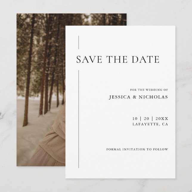Save The Date Elégante photo Mariage moderne noir & blanc (Devant / Derrière)