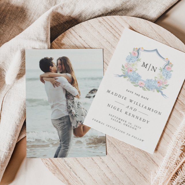 Save The Date Élégante photo Monogramme bleu Enregistrer la date (Créateur téléchargé)