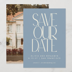 Save The Date Élégante Photo Simple Moderne Tendance Bleu Poussi