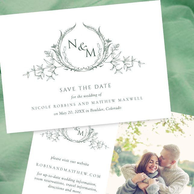 Save The Date Élégante Photo Vert Monogramme Mariage Enregistrer (Créateur téléchargé)