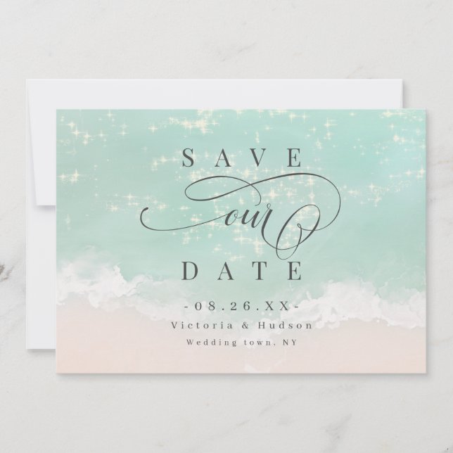 Save The Date Elégante plage d'océan pétillant abstraite (Devant)