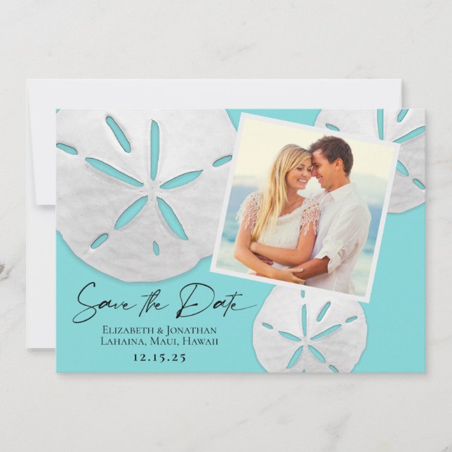 Save The Date Elégante plage Turquoise sable blanc Dollars Photo (Devant)