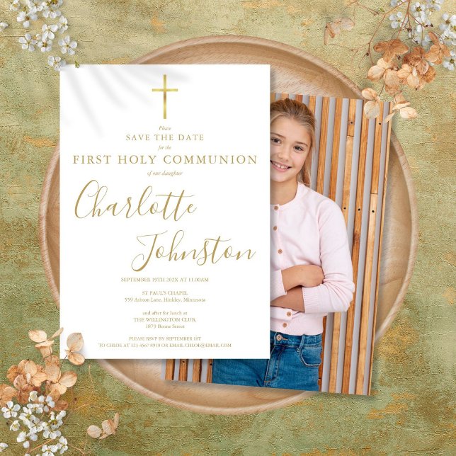 Save The Date Élégante première sainte communion signature d'or  (Elegant First Holy Communion Gold Signature Photo Save The Date)