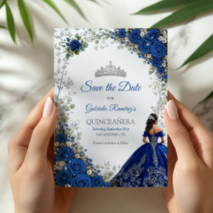 Save The Date Elégante Quinceañera bleu royal et roses argentées