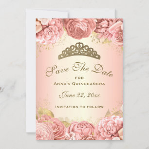 Save The Date Élégante Quinceanera florale rose pâle