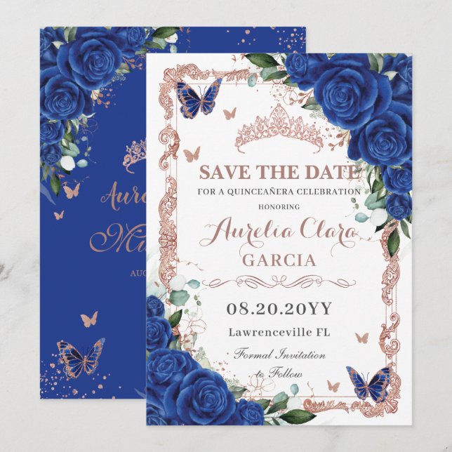 Save The Date Elégante Quinceañera Royal Blue Floral Rose Gold (Devant / Derrière)