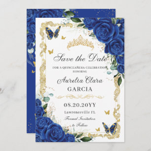 Save The Date Elégante Quinceañera Royal Blue Floral Vintage Gol