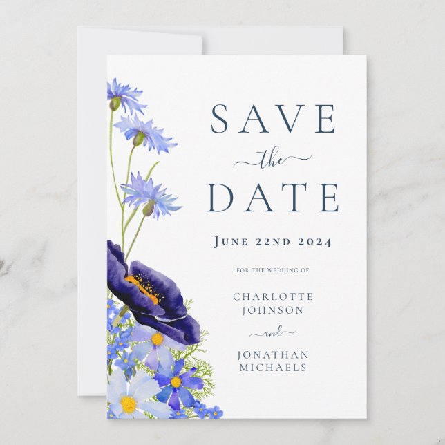 Save The Date Élégante robe de mariée fleurie bleue d'été (Devant)
