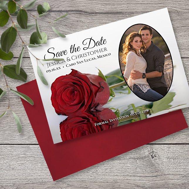 Save The Date Elégante Rose rouge avec Mariage photo ovale (Créateur téléchargé)