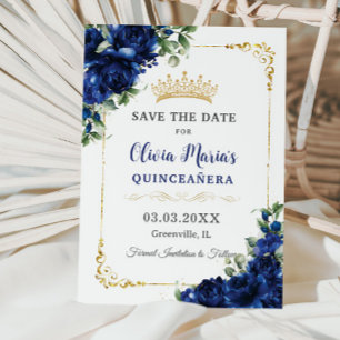 Save The Date Elégante Royal Blue Flowers Gold Quinceañera 16e