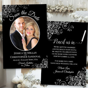Save The Date Elégante Silver Grey & Black Mariage Photo Fancy
