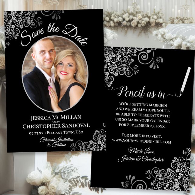 Save The Date Elégante Silver Grey & Black Mariage Photo Fancy (Front/Back)