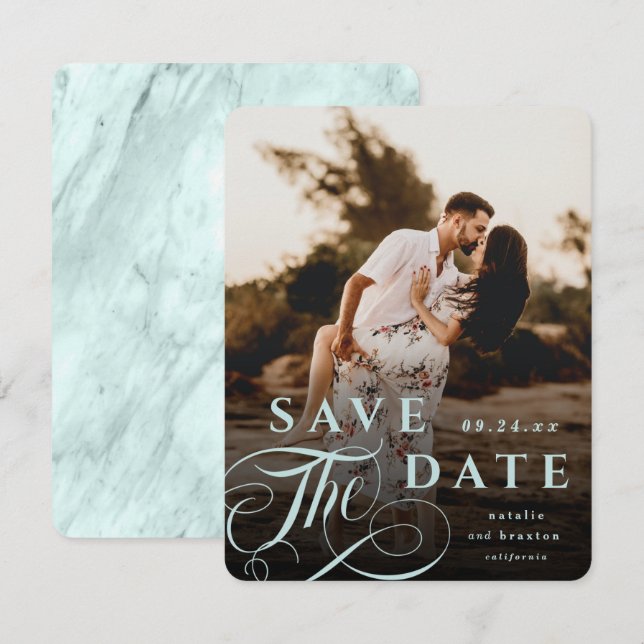 Save The Date Élégante Typographie de la menthe Pastel & Marble  (Devant / Derrière)