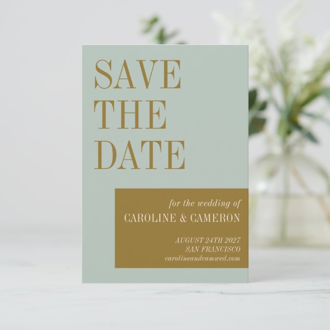 Save The Date Élégante typographie Mariage d'or bleu olive (Debout devant)