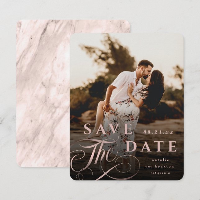 Save The Date Elégante Typographie Rose Or & Marble Back Photo (Devant / Derrière)