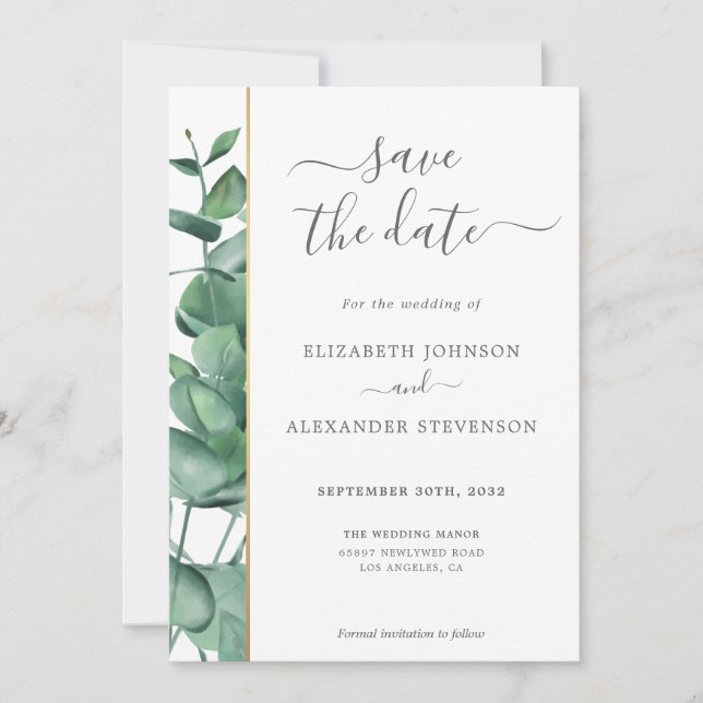 Save The Date Elégante végétation moderne eucalyptus mariage sim (Devant)