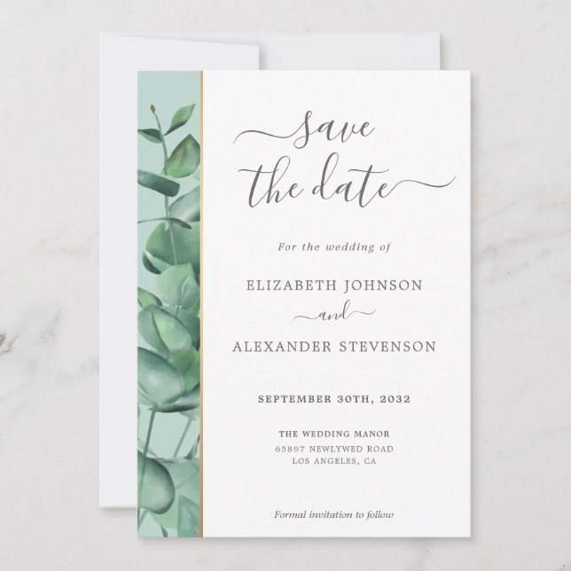 Save The Date Elégante végétation moderne eucalyptus mariage sim (Devant)