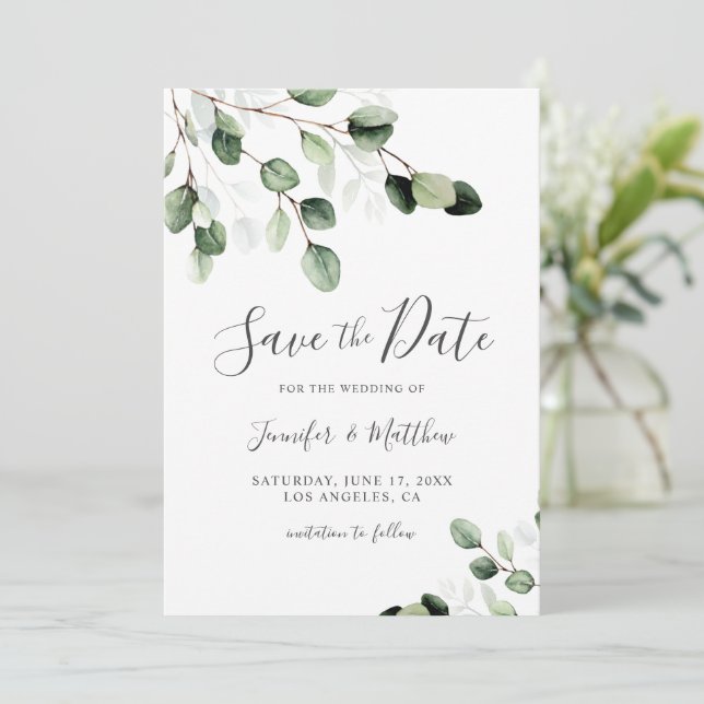 Save The Date Elégante verdure Eucalyptus Mariage (Debout devant)